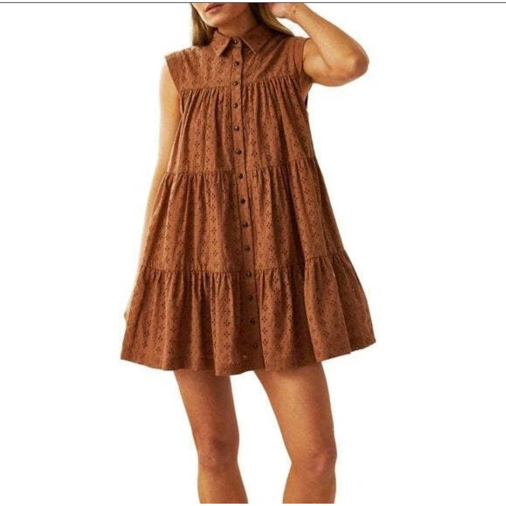 Mon Renn Florence Floral Eyelet Tiered Flare Mini Cotton Button Front Dress US S - Picture 2 of 12